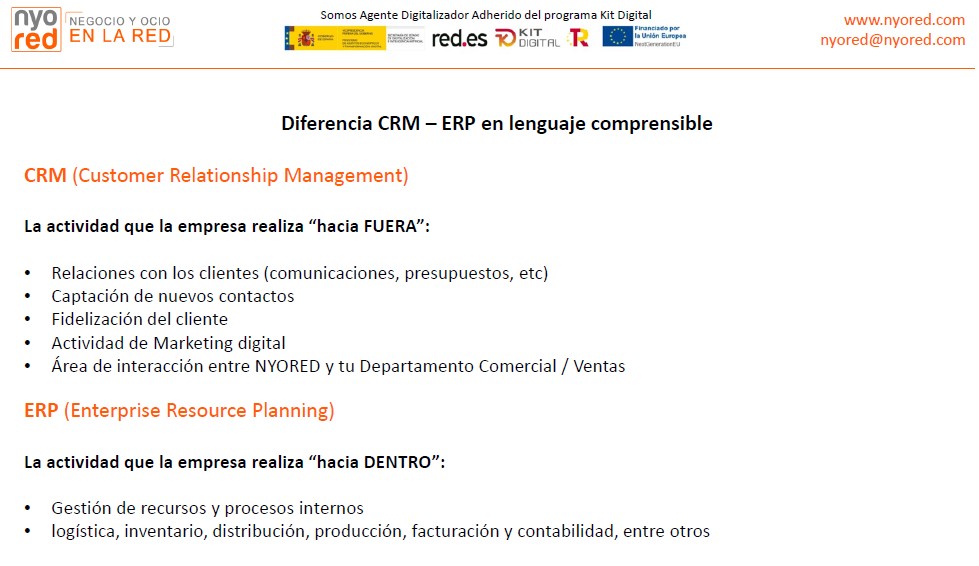 Diapositiva resumiendo las principales diferencies entre un CRM y un ERP